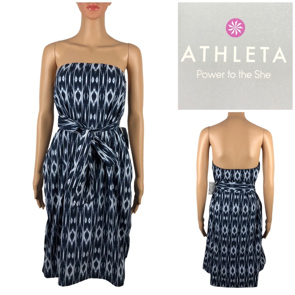 Athleta 10 Ikat Strapless Anywhere Dress Featherweight Stretch Navy NWT $89